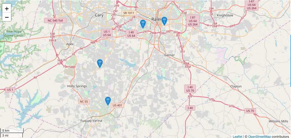 Kaart van TTN Gateways in de buurt van Raleigh, NC