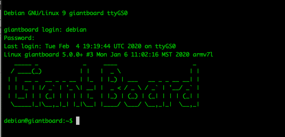 Command line met login aan de Giant Board