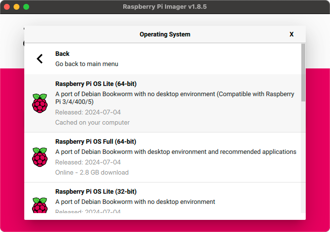 Software kies Raspberry Pi Lite 64 bit Bookworm