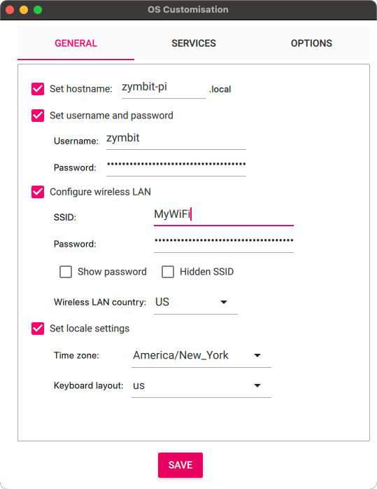 stel extra parameters in zoals WiFi en gebruikersnaam