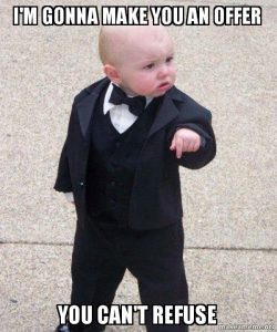 child in a tuxedo captioned “I’m going to make him an offer he can’t refuse”